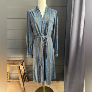 Schrader Sport Vintage Size 12 Long Sleeve Blue and Gold Shirt Dress with Tie